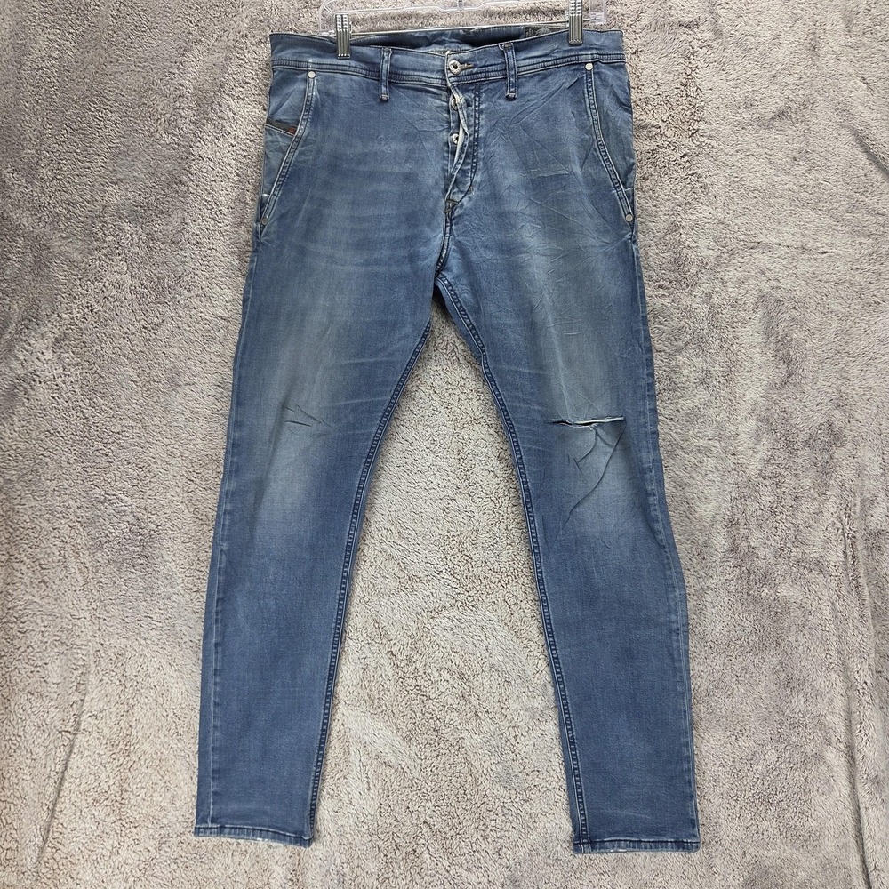 Diesel Jeans Mens 32x30 Blue Kakee-XP Slim Carrot Button Fly Distressed R56L7